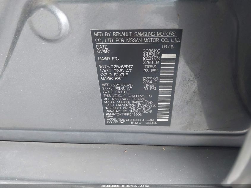 2015 Nissan Rogue S VIN: KNMAT2MT7FP546905 Lot: 43343433