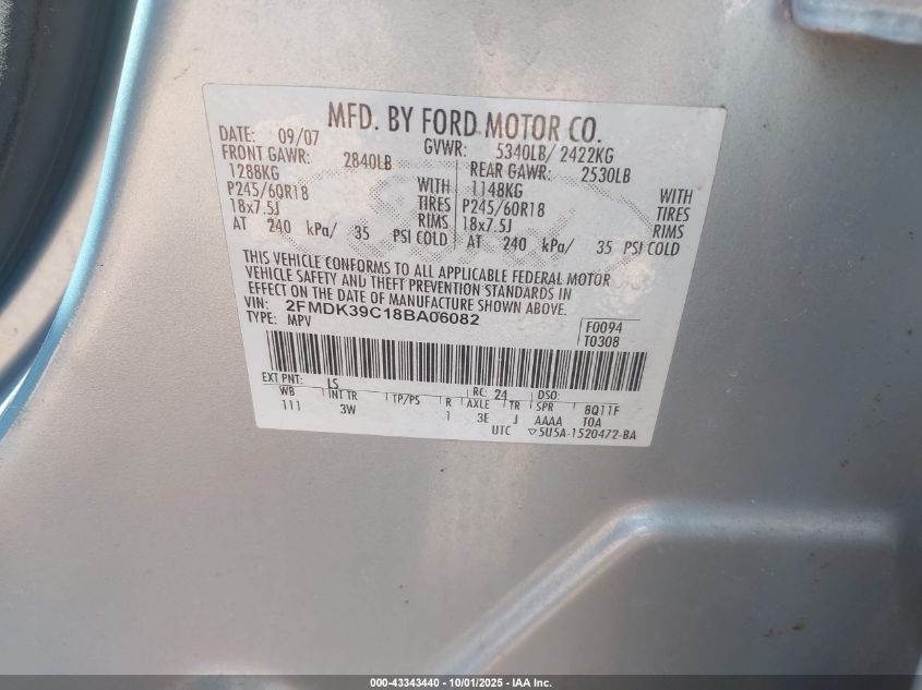 2008 Ford Edge Limited VIN: 2FMDK39C18BA06082 Lot: 43343440