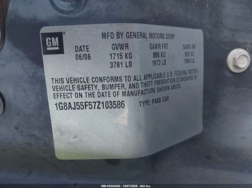2007 Saturn Ion VIN: 1G8AJ55F57Z103586 Lot: 43343442