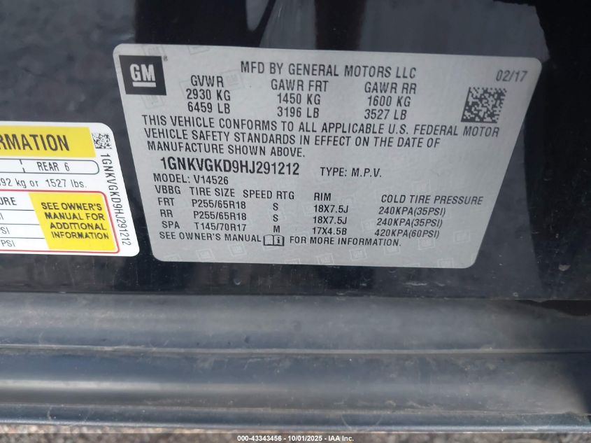 2017 Chevrolet Traverse 1Lt VIN: 1GNKVGKD9HJ291212 Lot: 43343456