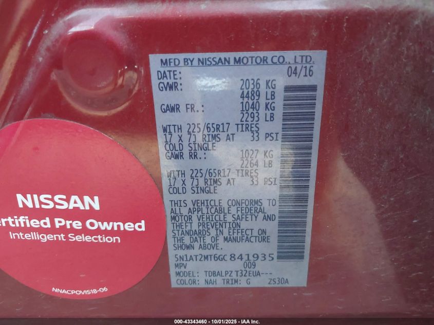 2016 Nissan Rogue S VIN: 5N1AT2MT6GC841935 Lot: 43343460