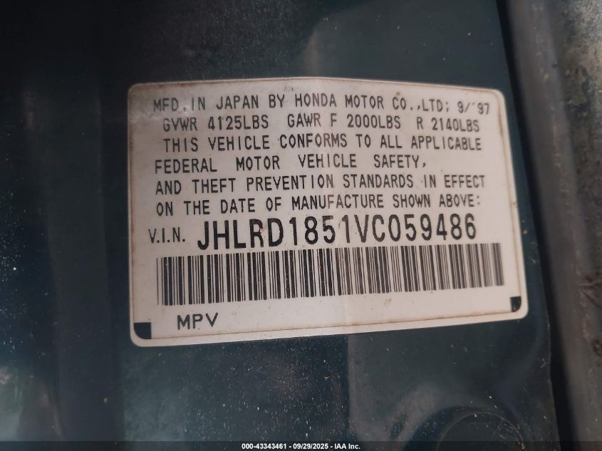 1997 Honda Cr-V VIN: JHLRD1851VC059486 Lot: 43343461