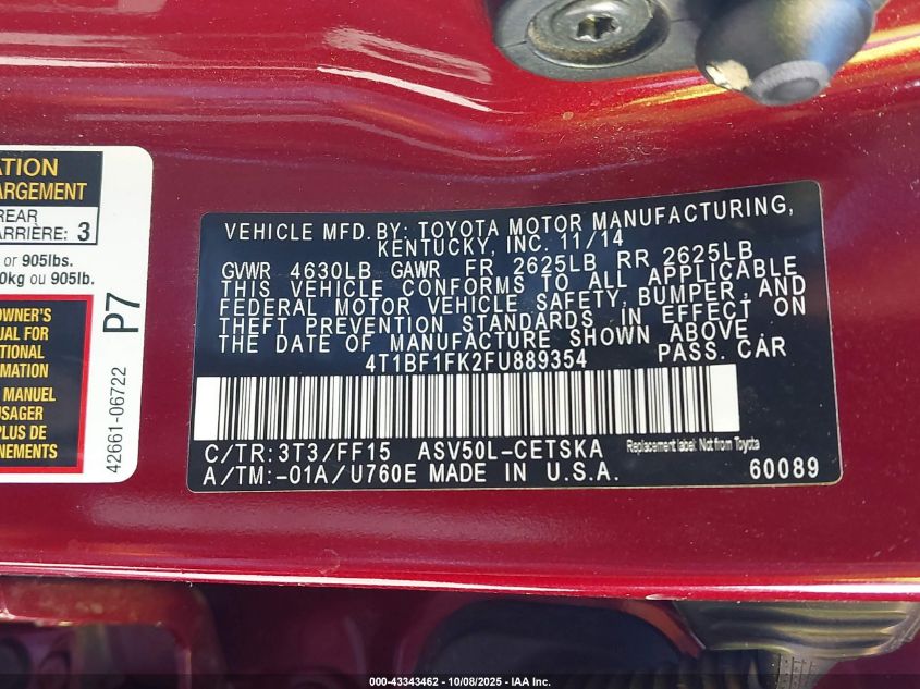 2015 Toyota Camry Se VIN: 4T1BF1FK2FU889354 Lot: 43343462