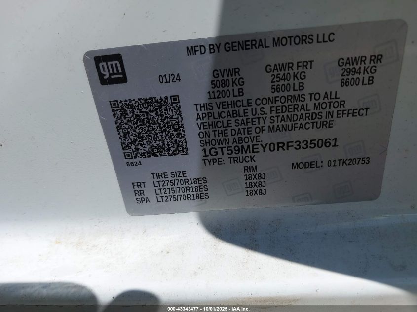 2024 GMC Sierra 2500Hd VIN: 1GT59MEY0RF335061 Lot: 43343477