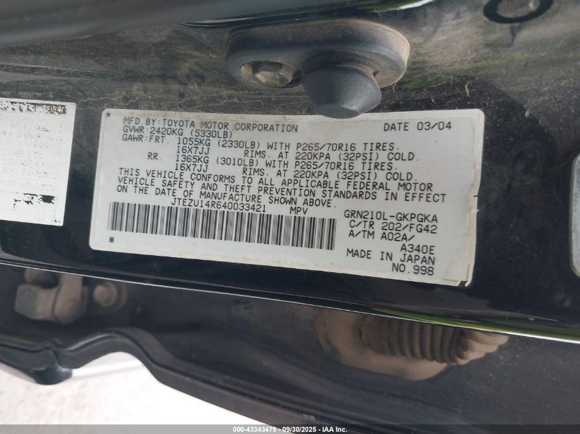 2004 Toyota 4Runner Sr5 V6 VIN: JTEZU14R640033421 Lot: 43343479
