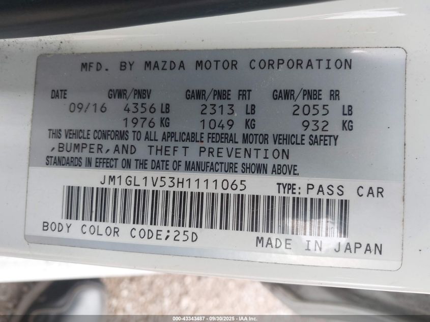 2017 Mazda Mazda6 Touring VIN: JM1GL1V53H1111065 Lot: 43343487