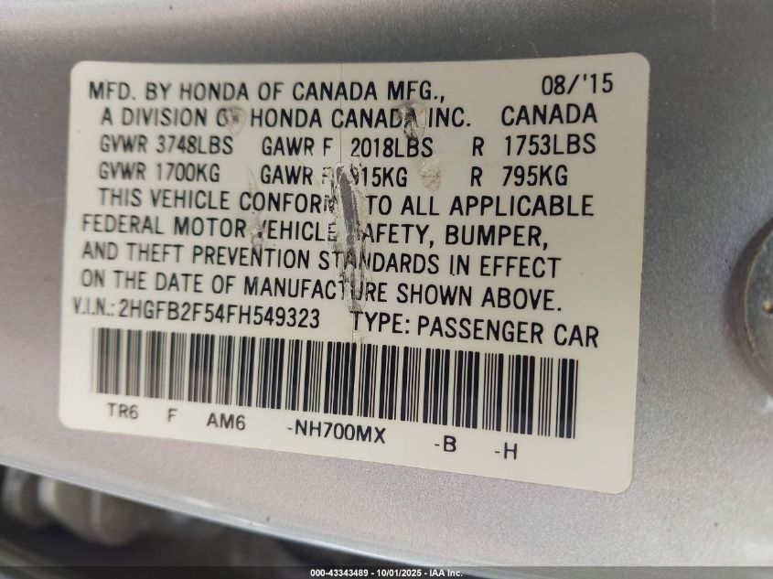 2015 Honda Civic Lx VIN: 2HGFB2F54FH549323 Lot: 43343489