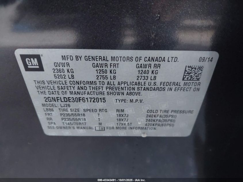 2015 Chevrolet Equinox Ltz VIN: 2GNFLDE30F6172015 Lot: 43343491