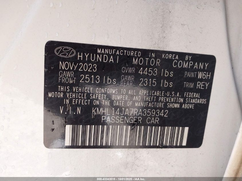 2024 Hyundai Sonata Sel VIN: KMHL14JA7RA359342 Lot: 43343515