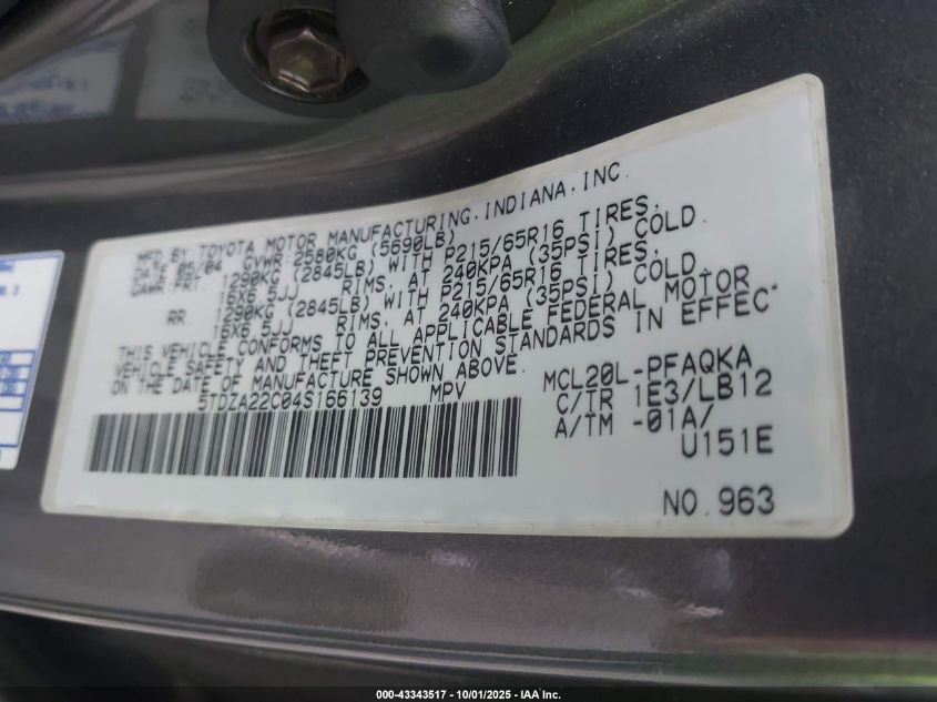 2004 Toyota Sienna Xle VIN: 5TDZA22C04S166139 Lot: 43343517