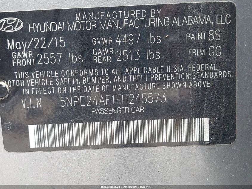 2015 Hyundai Sonata Se VIN: 5NPE24AF1FH245573 Lot: 43343521