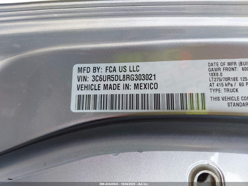 2024 Ram 2500 Big Horn 4X4 6'4 Box VIN: 3C6UR5DL8RG303021 Lot: 43343543