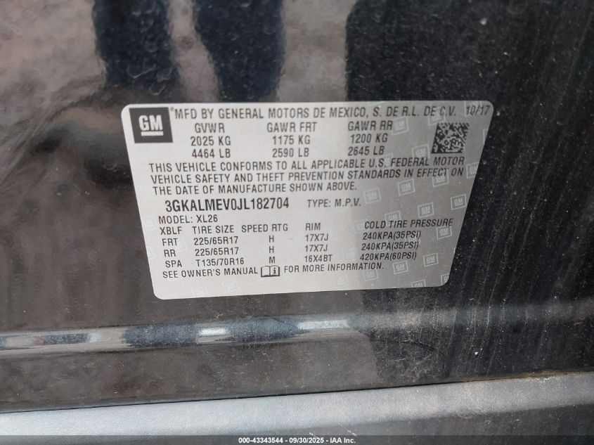 2018 GMC Terrain Sle VIN: 3GKALMEV0JL182704 Lot: 43343544