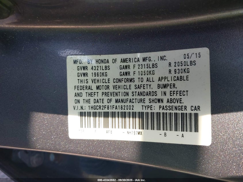 2015 HONDA ACCORD EX-L - 1HGCR2F81FA182002