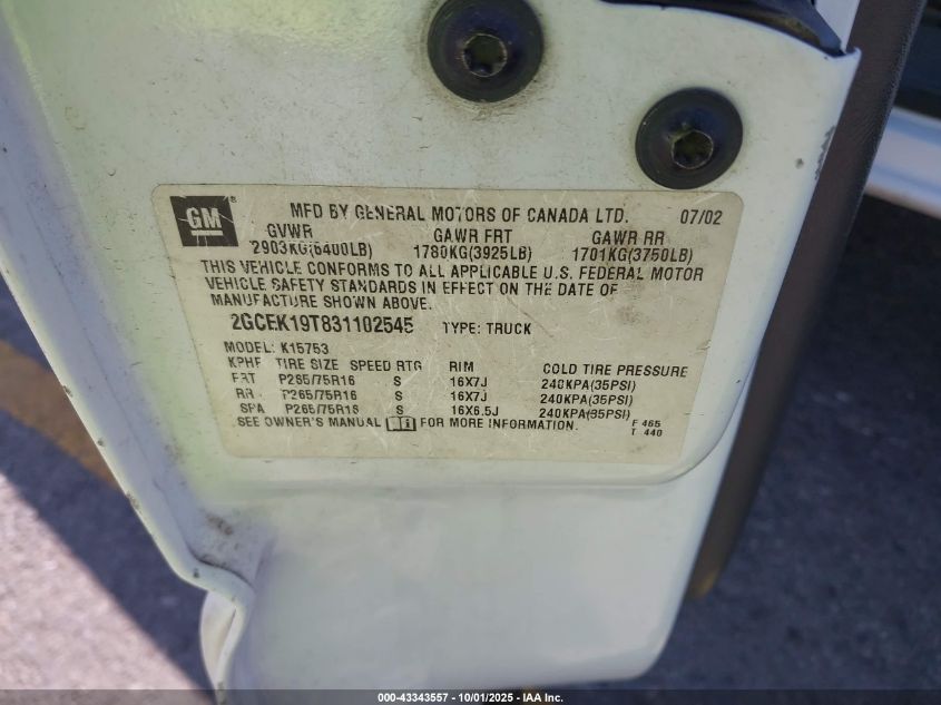 2003 Chevrolet Silverado 1500 Ls VIN: 2GCEK19T831102545 Lot: 43343557