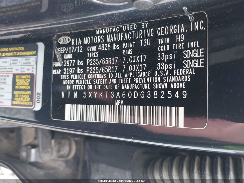 2013 Kia Sorento Lx VIN: 5XYKT3A60DG382549 Lot: 43343561