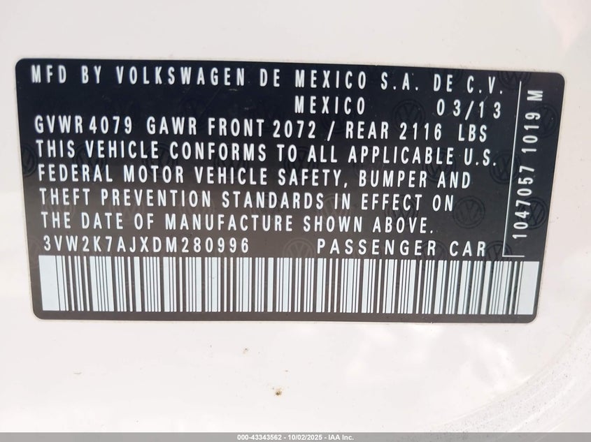 2013 VOLKSWAGEN JETTA S - 3VW2K7AJXDM280996