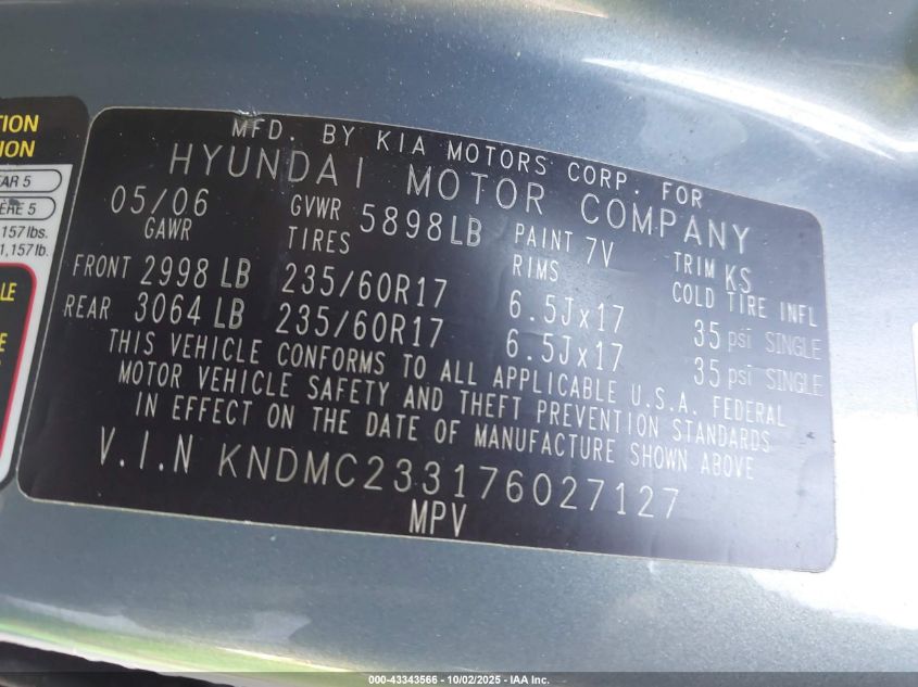 2007 Hyundai Entourage Gls/Limited/Se VIN: KNDMC233176027127 Lot: 43343566