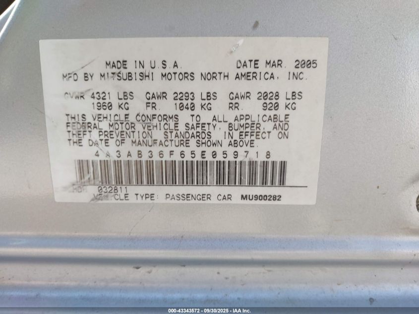 2005 Mitsubishi Galant Es/Se VIN: 4A3AB36F65E059718 Lot: 43343572
