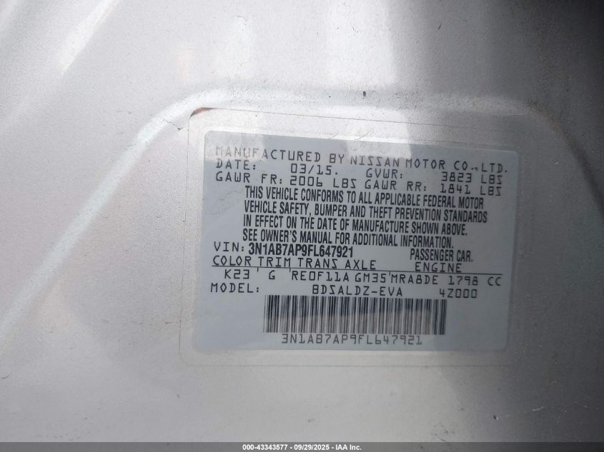 2015 Nissan Sentra Fe+ S/S/Sl/Sr/Sv VIN: 3N1AB7AP9FL647921 Lot: 43343577