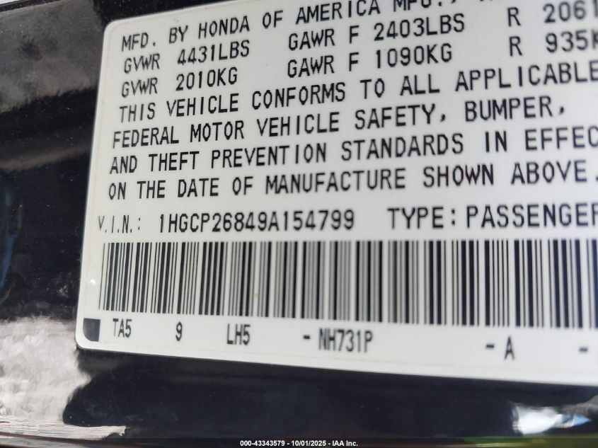 2009 Honda Accord 2.4 Ex-L VIN: 1HGCP26849A154799 Lot: 43343579