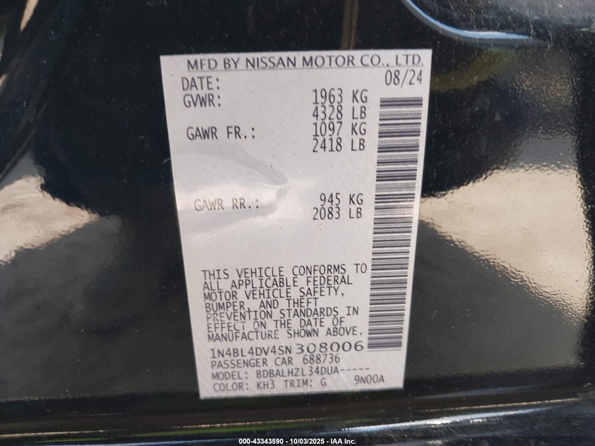 2025 Nissan Altima Sv Fwd VIN: 1N4BL4DV4SN308006 Lot: 43343590