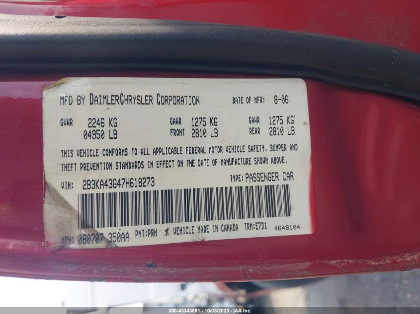 2007 Dodge Charger Se/Sxt VIN: 2B3KA43G47H618273 Lot: 43343591