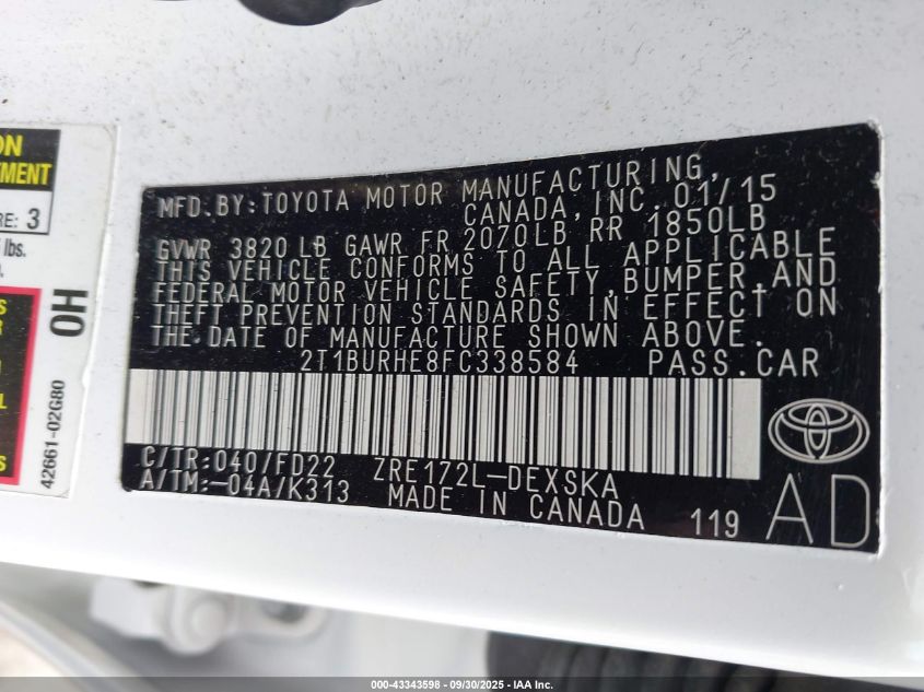 2015 Toyota Corolla S Plus VIN: 2T1BURHE8FC338584 Lot: 43343598