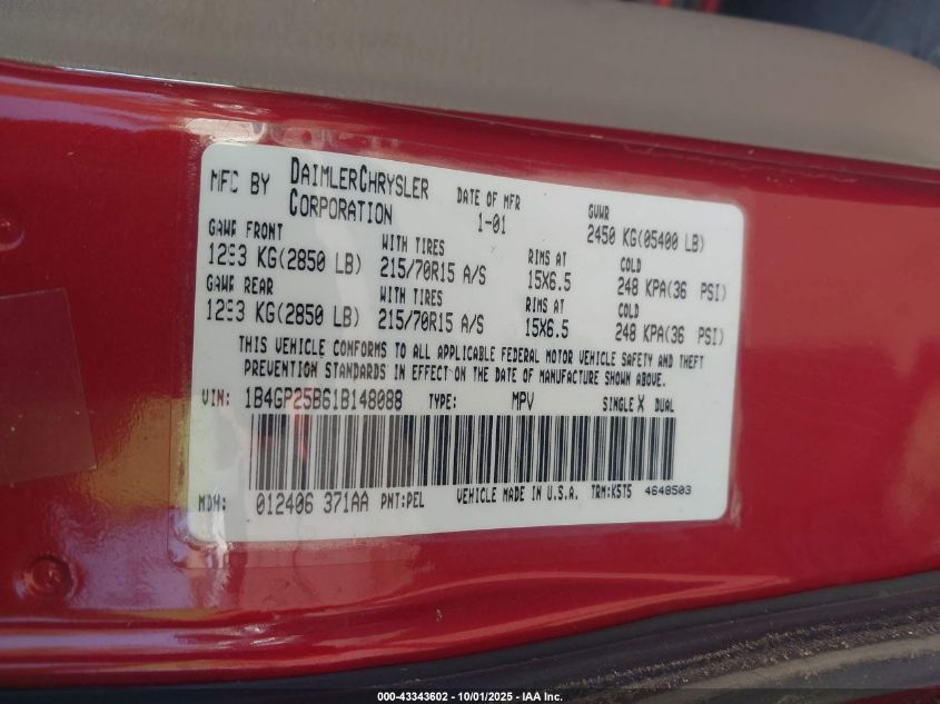 2001 Dodge Caravan Se VIN: 1B4GP25B61B148088 Lot: 43343602