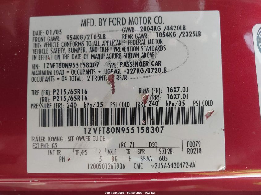2005 Ford Mustang V6 Deluxe/V6 Premium VIN: 1ZVFT80N955158307 Lot: 43343605
