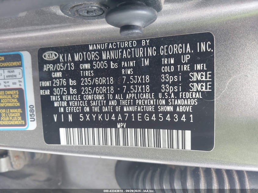 2014 Kia Sorento Ex V6 VIN: 5XYKU4A71EG454341 Lot: 43343610