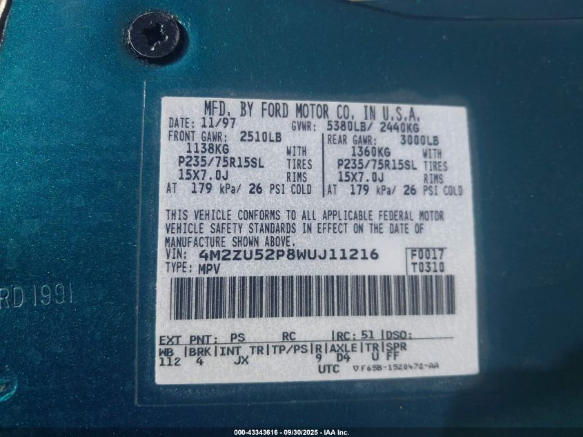 1998 Mercury Mountaineer VIN: 4M2ZU52P8WUJ11216 Lot: 43343616