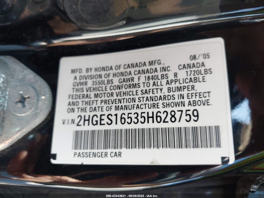 2005 Honda Civic Lx VIN: 2HGES16535H628759 Lot: 43343621