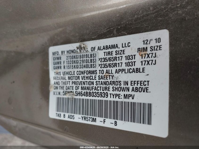 2011 Honda Odyssey Ex-L VIN: 5FNRL5H64BB035939 Lot: 43343629