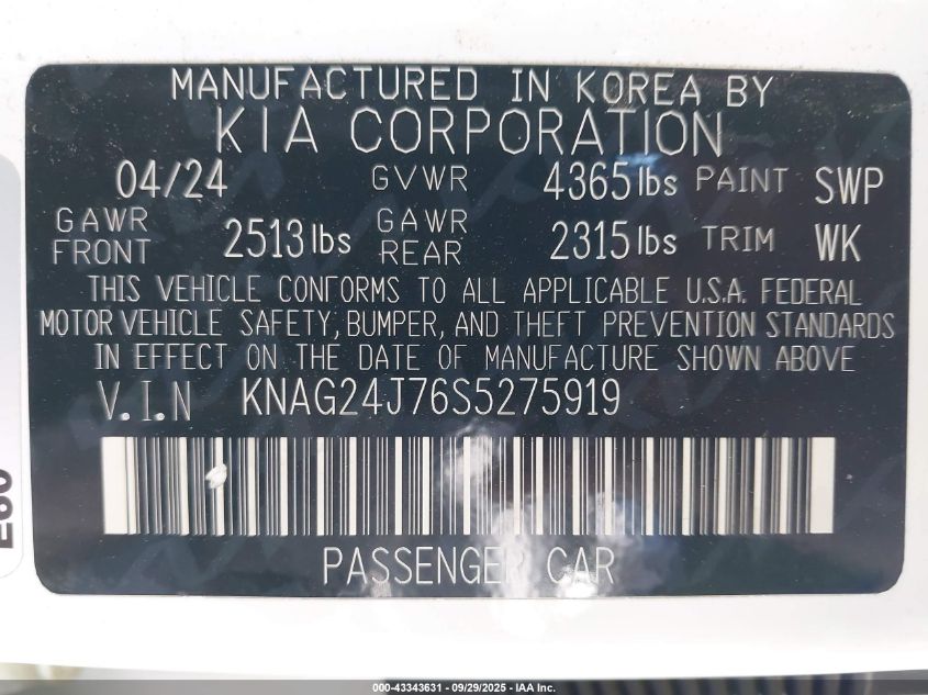 2025 Kia K5 Lxs VIN: KNAG24J76S5275919 Lot: 43343631