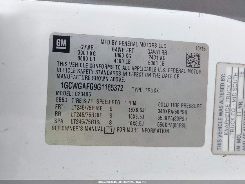 2016 Chevrolet Express 2500 Work Van VIN: 1GCWGAFG9G1165372 Lot: 43343645