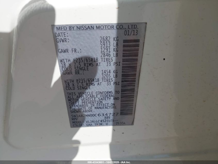 2013 Nissan Pathfinder Sl VIN: 5N1AR2MN0DC634727 Lot: 43343651