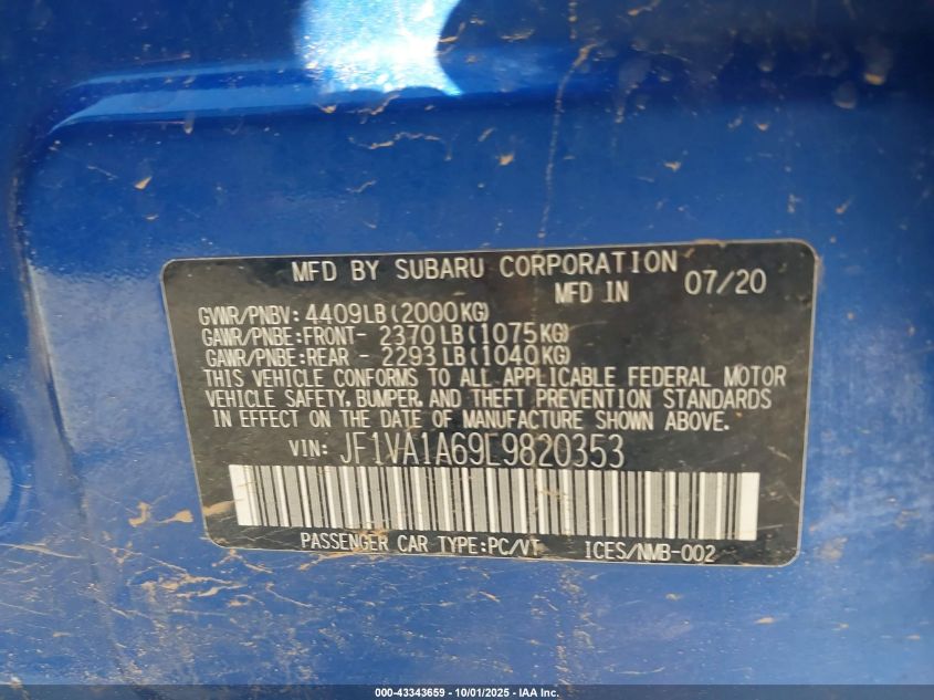 2020 Subaru Wrx VIN: JF1VA1A69L9820353 Lot: 43343659