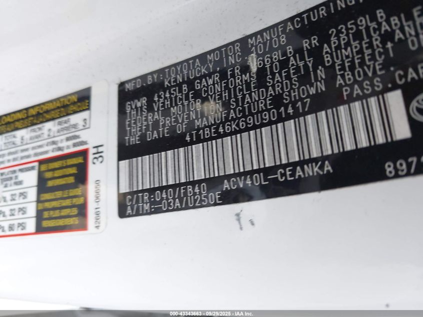 2009 Toyota Camry Le VIN: 4T1BE46K69U901417 Lot: 43343663