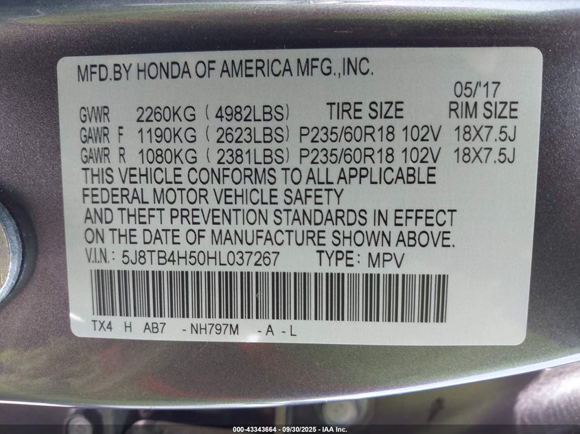 2017 ACURA RDX TECHNOLOGY   ACURAWATCH PLUS PACKAGES/W/TECHNOLOGY PACKAGE - 5J8TB4H50HL037267