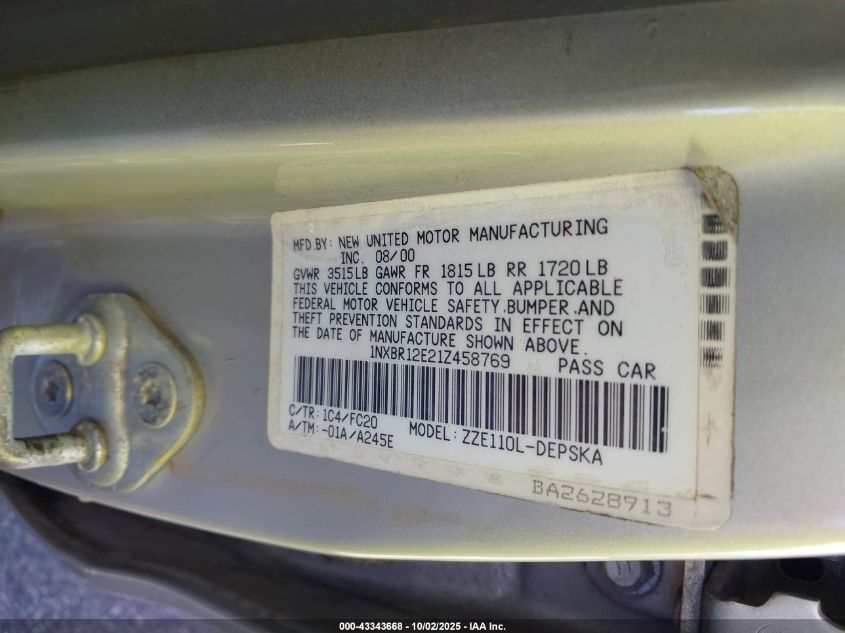 2001 Toyota Corolla S VIN: 1NXBR12E21Z458769 Lot: 43343668