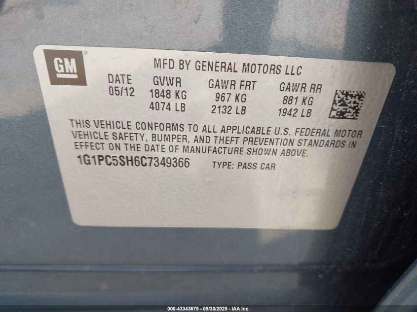 2012 Chevrolet Cruze Ls VIN: 1G1PC5SH6C7349366 Lot: 43343675