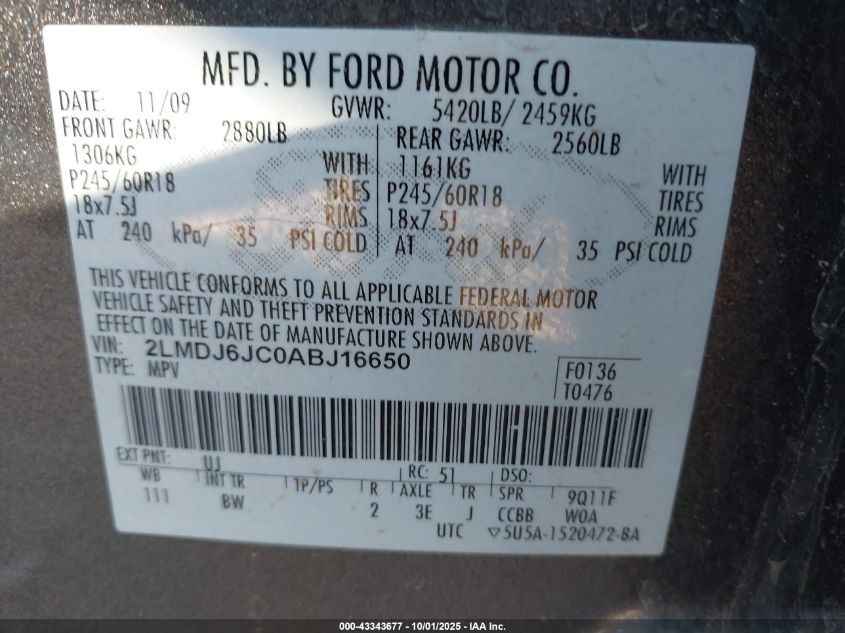 2010 Lincoln Mkx VIN: 2LMDJ6JC0ABJ16650 Lot: 43343677