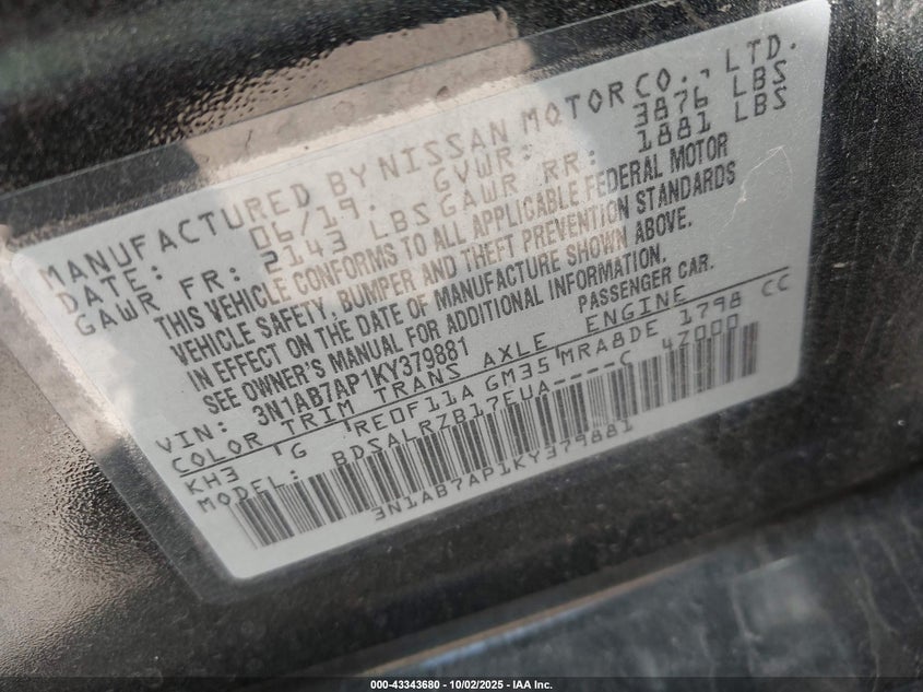 2019 NISSAN SENTRA SR - 3N1AB7AP1KY379881