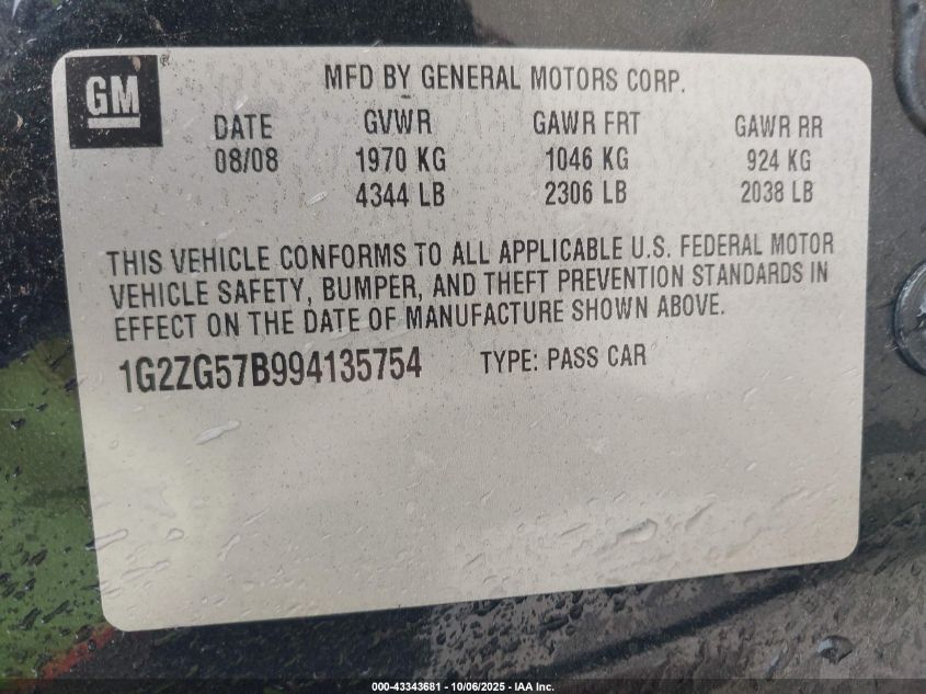 2009 Pontiac G6 VIN: 1G2ZG57B994135754 Lot: 43343681