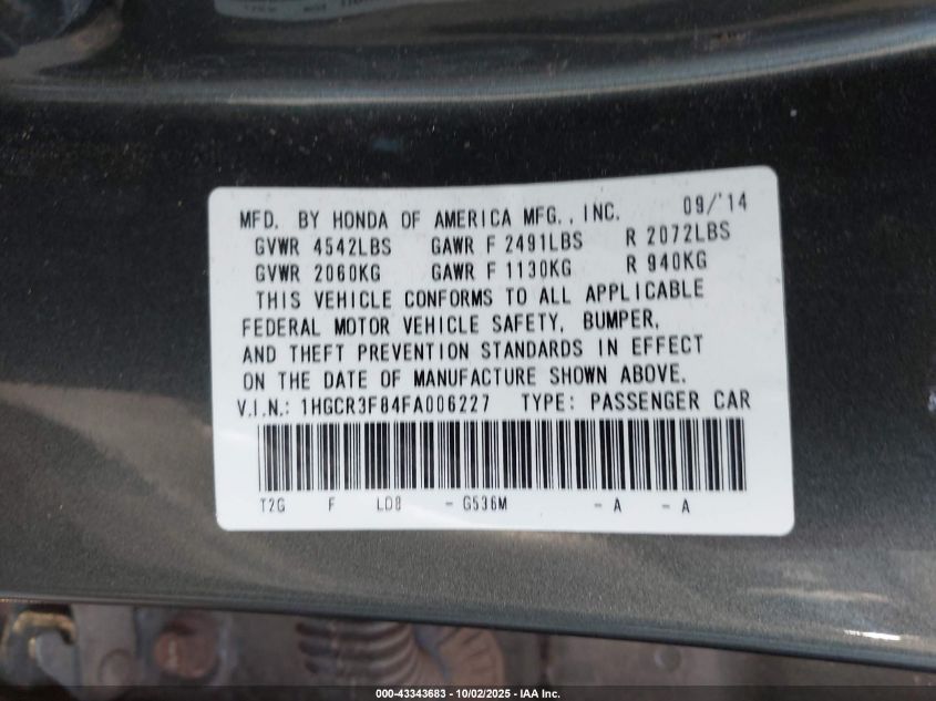 2015 Honda Accord Ex-L 2.0T VIN: 1HGCR3584SA006227 Lot: 43343683