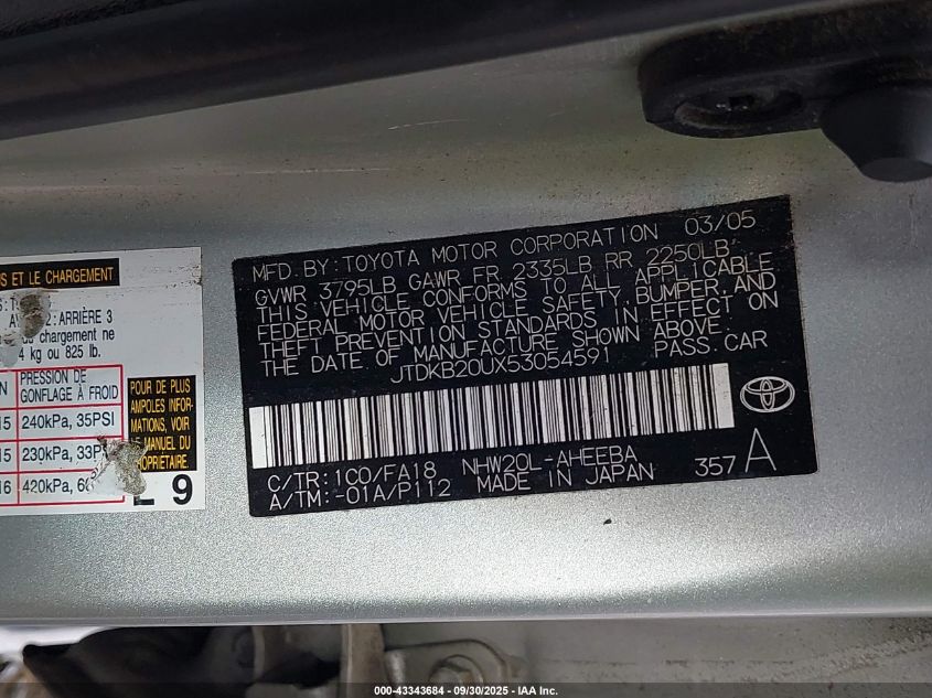 2005 Toyota Prius VIN: JTDKB20UX53054591 Lot: 43343684