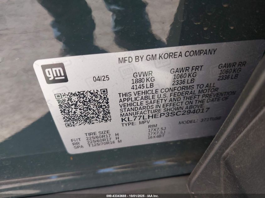 2025 Chevrolet Trax Fwd Lt VIN: KL77LHEP3SC294017 Lot: 43343688