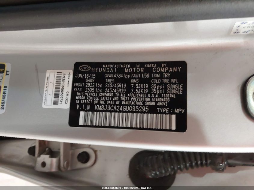 2016 Hyundai Tucson Limited VIN: KM8J3CA24GU035295 Lot: 43343689