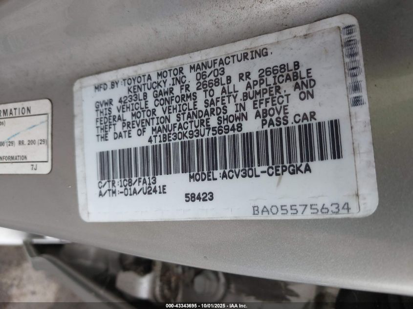 2003 Toyota Camry Xle VIN: 4T1BE30K93U756948 Lot: 43343695